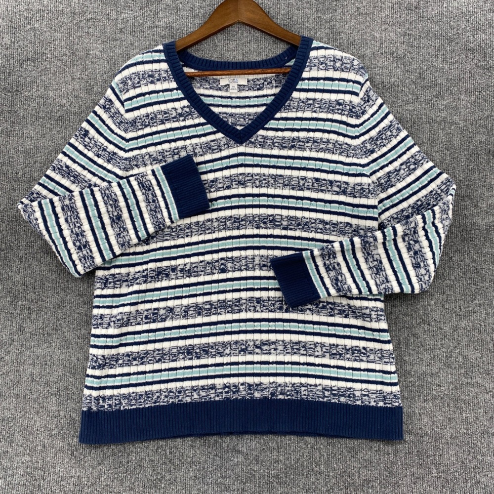 Croft & Barrow V-Neck Sweater Womens XXL Blue Striped Cotton Knit Coastal Preppy